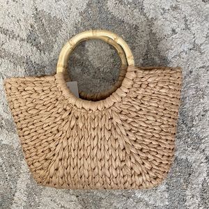 Large bamboo handle wicker purse bag